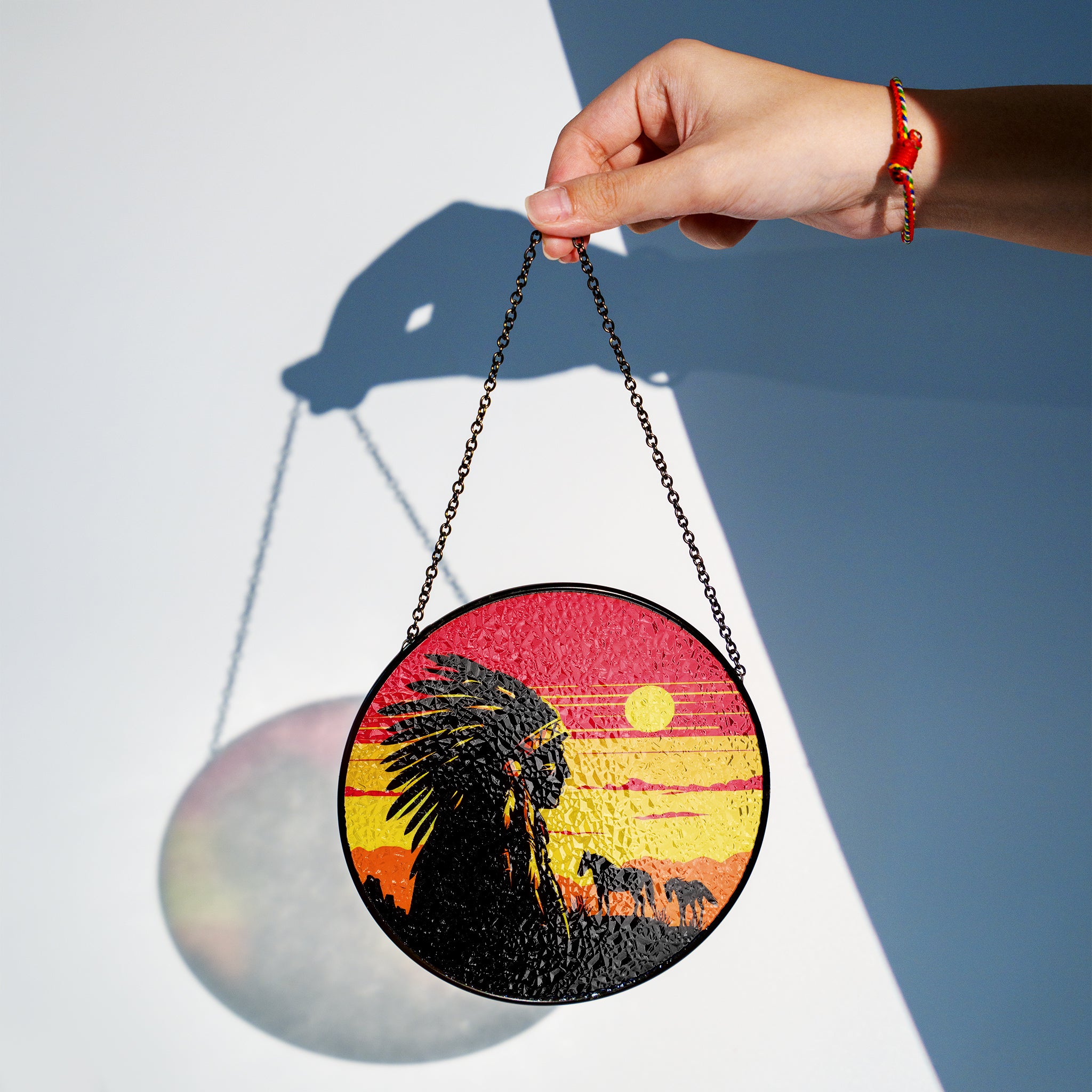 Native Chief Sunset Stained Glass SunCatcher - Spirit of the Plains