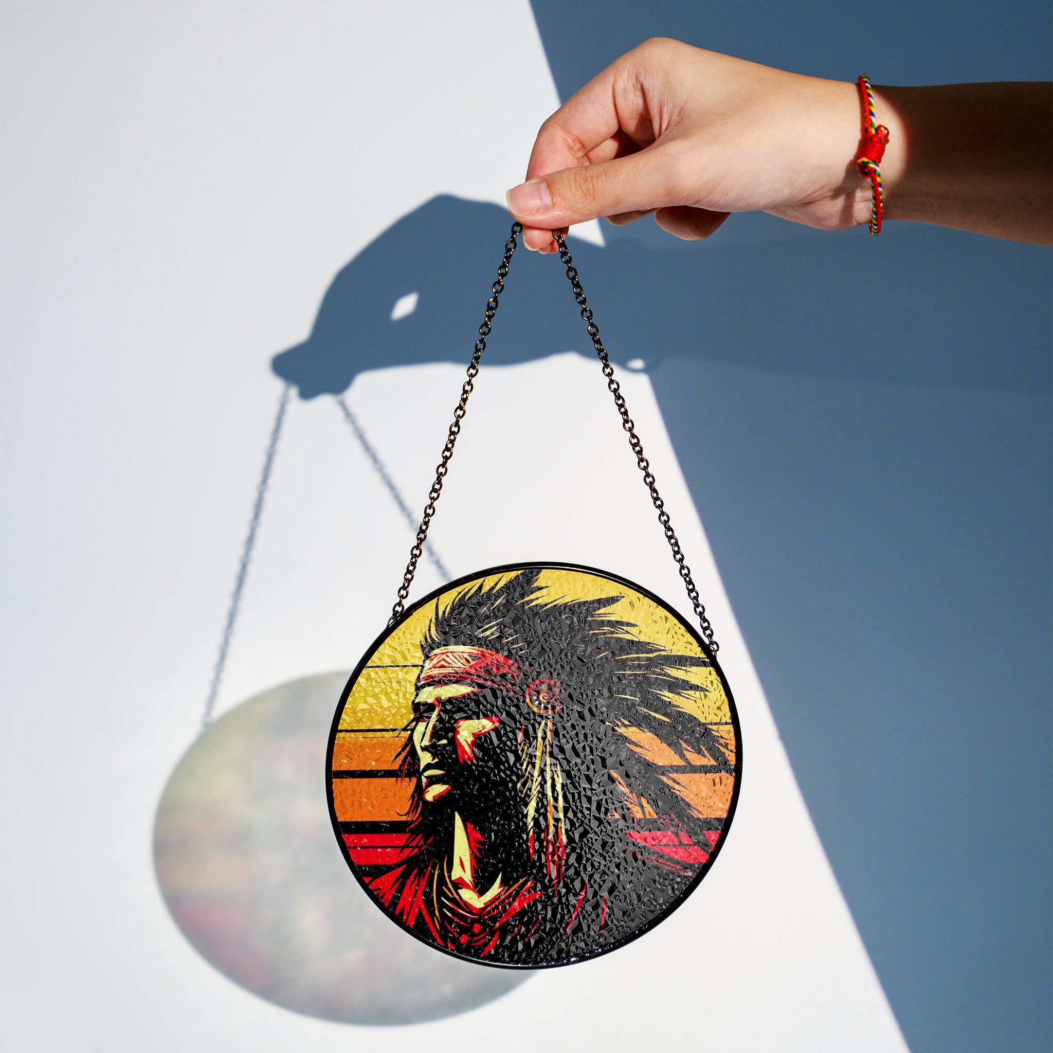 Native Chief Sunset Stained Glass SunCatcher - Radiance of Tradition