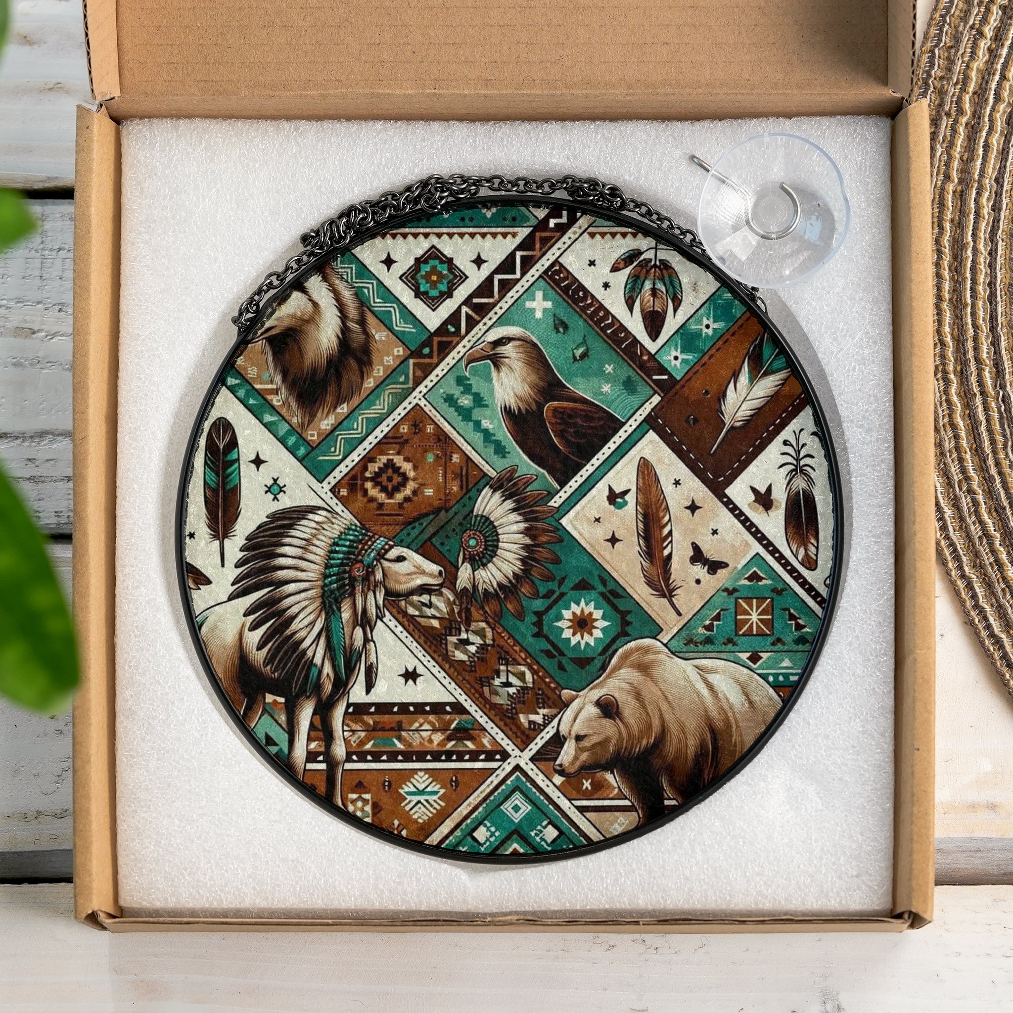 Tribal Mosaic Stained Glass SunCatcher - Symbols of Native Heritage