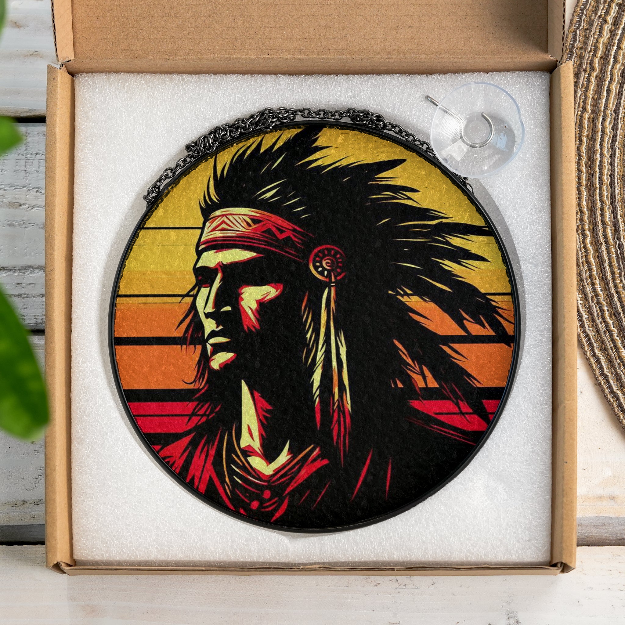 Native Chief Sunset Stained Glass SunCatcher - Radiance of Tradition