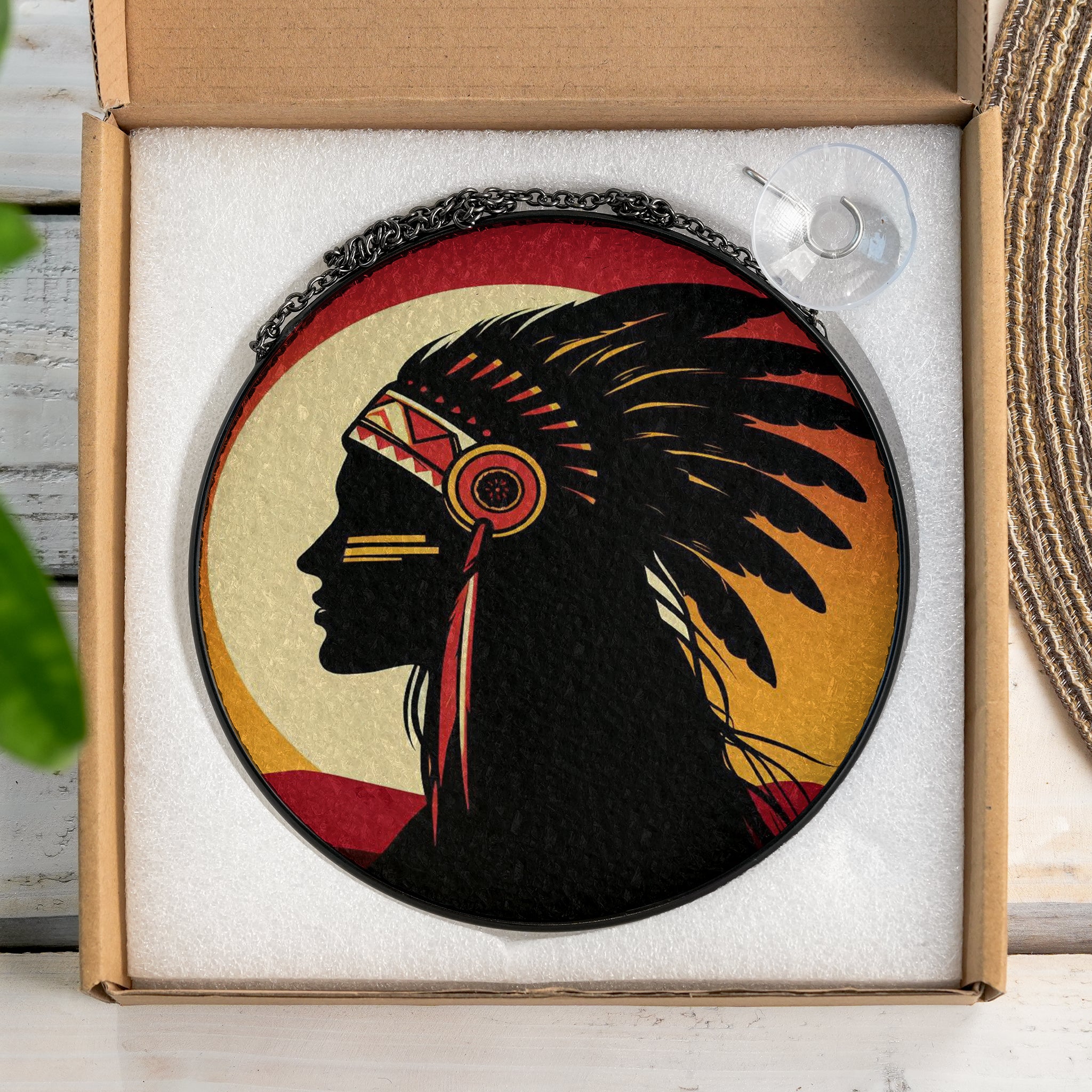 Native Chief Silhouette Stained Glass SunCatcher - Honoring Tradition