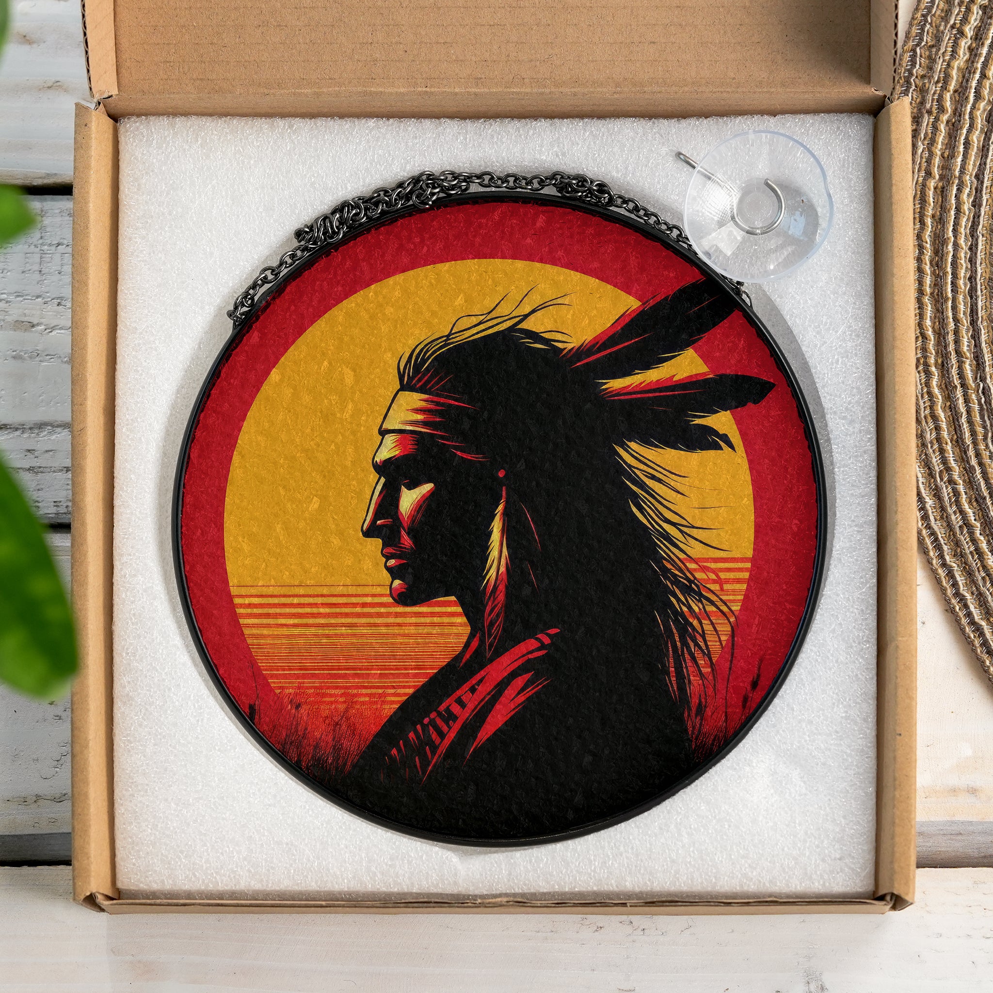 Sunset Native Warrior Stained Glass SunCatcher - Spirit of the Horizon