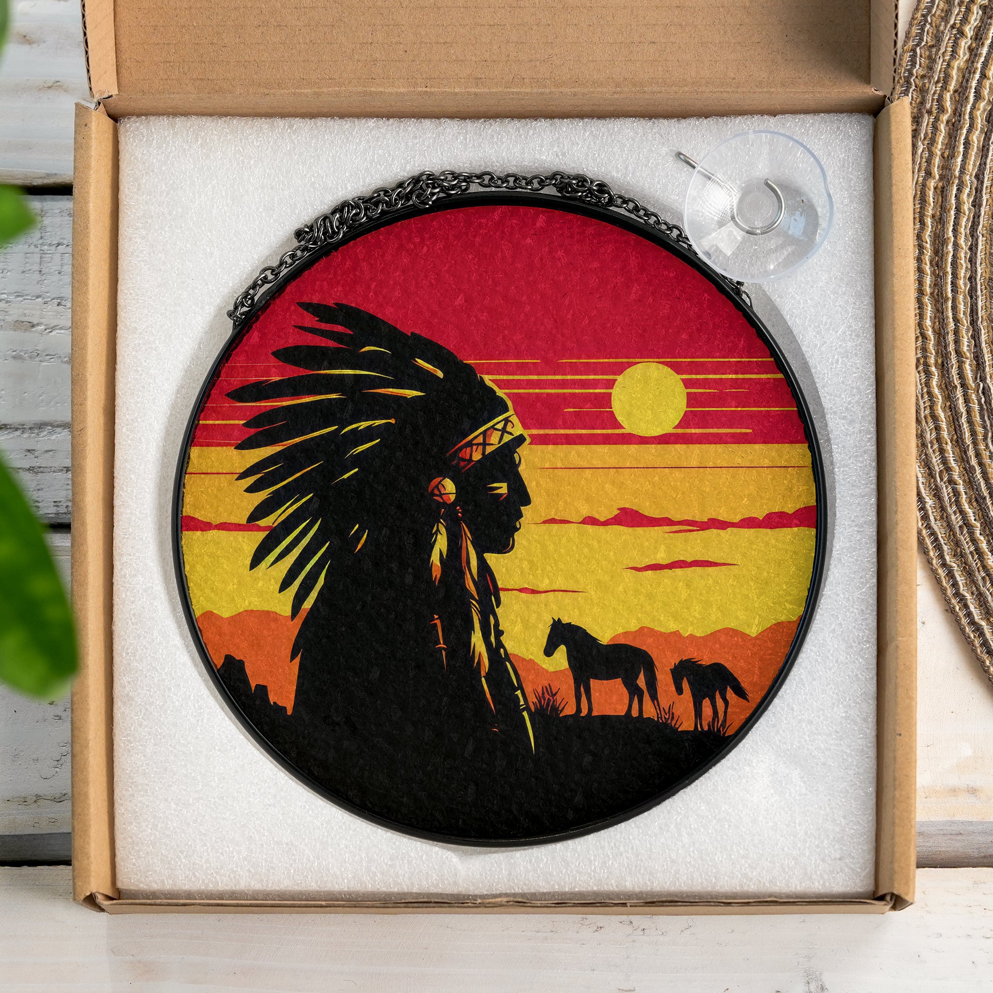 Native Chief Sunset Stained Glass SunCatcher - Spirit of the Plains