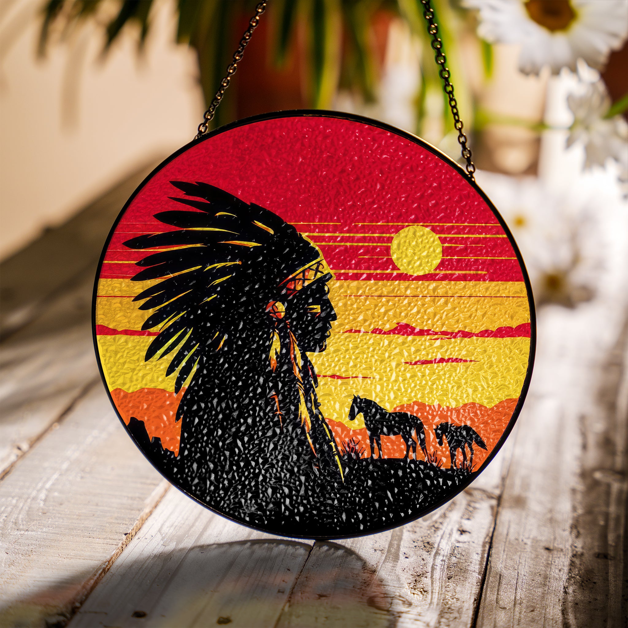 Native Chief Sunset Stained Glass SunCatcher - Spirit of the Plains