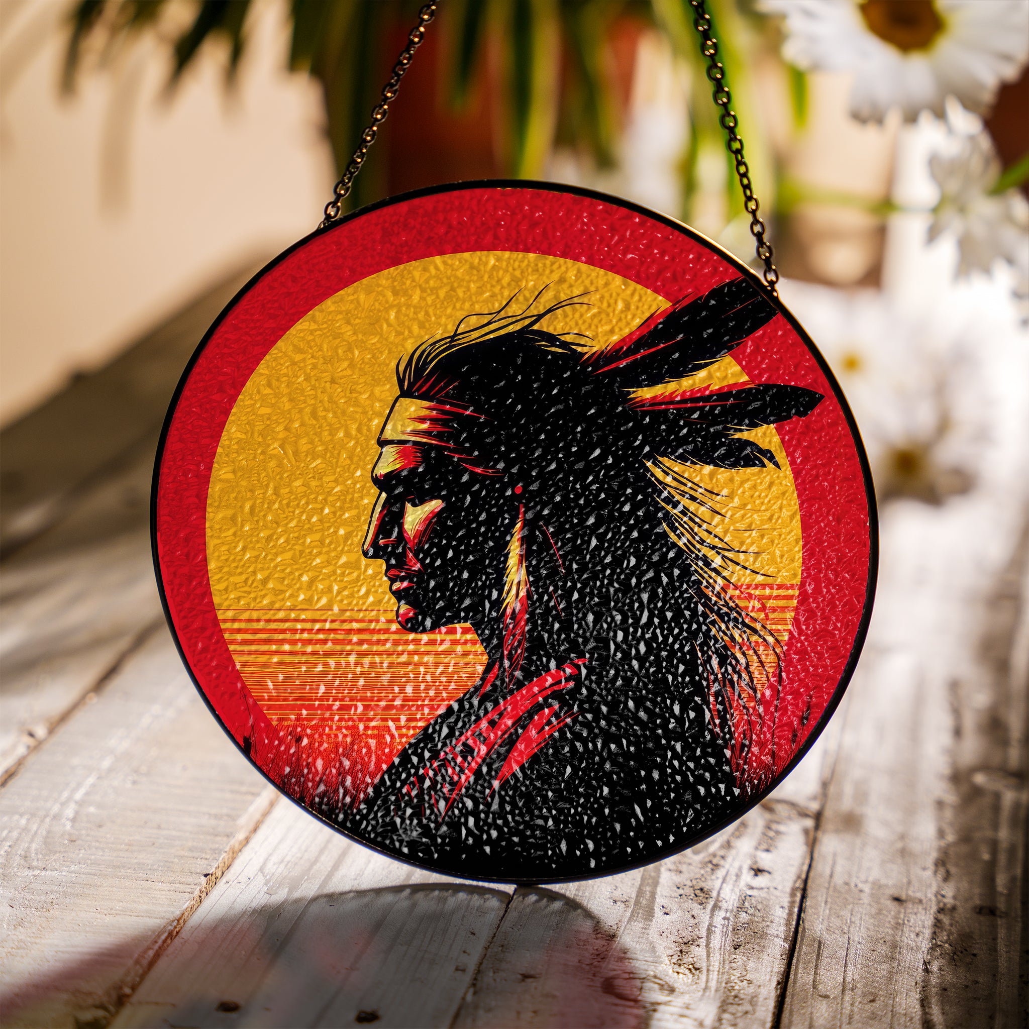 Sunset Native Warrior Stained Glass SunCatcher - Spirit of the Horizon