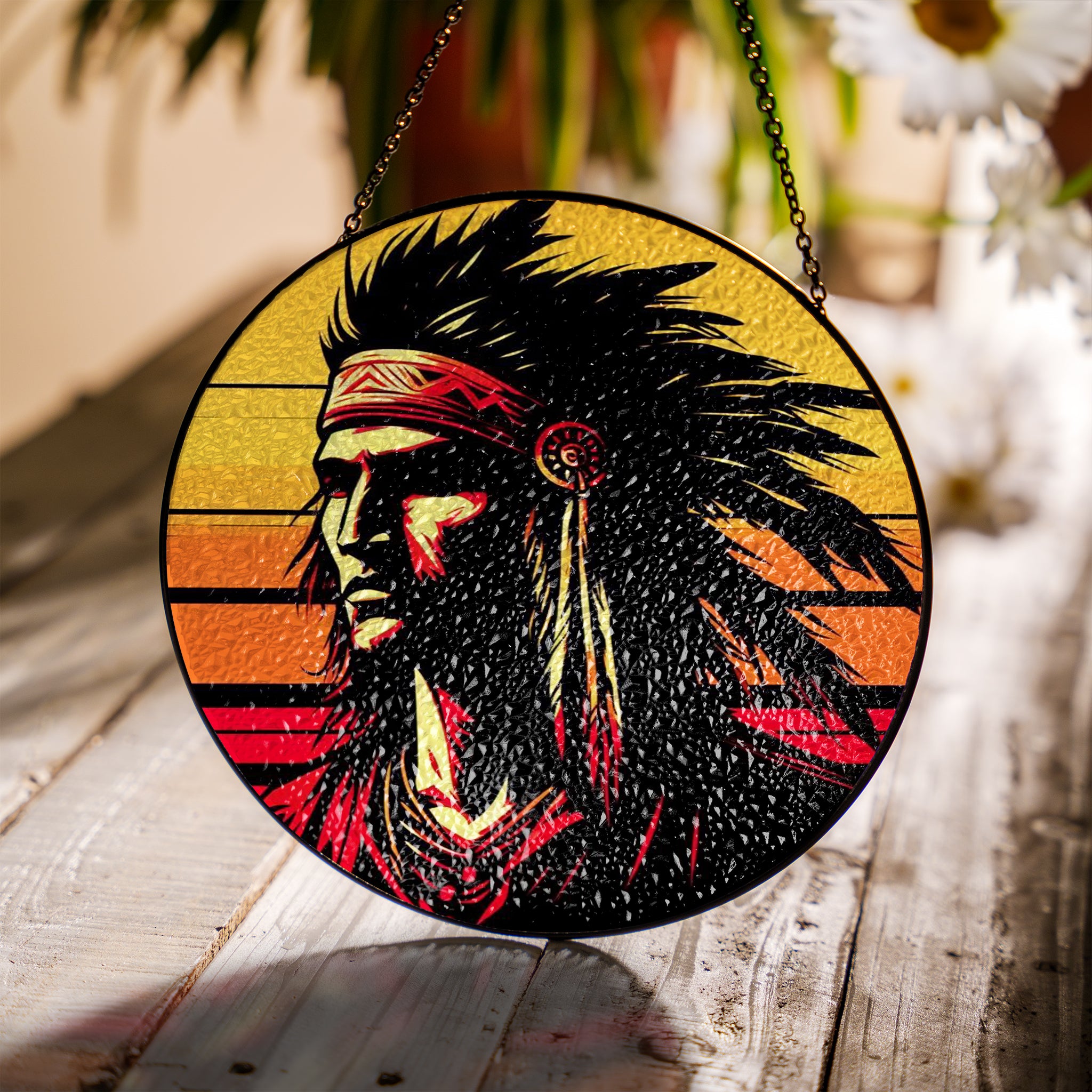 Native Chief Sunset Stained Glass SunCatcher - Radiance of Tradition