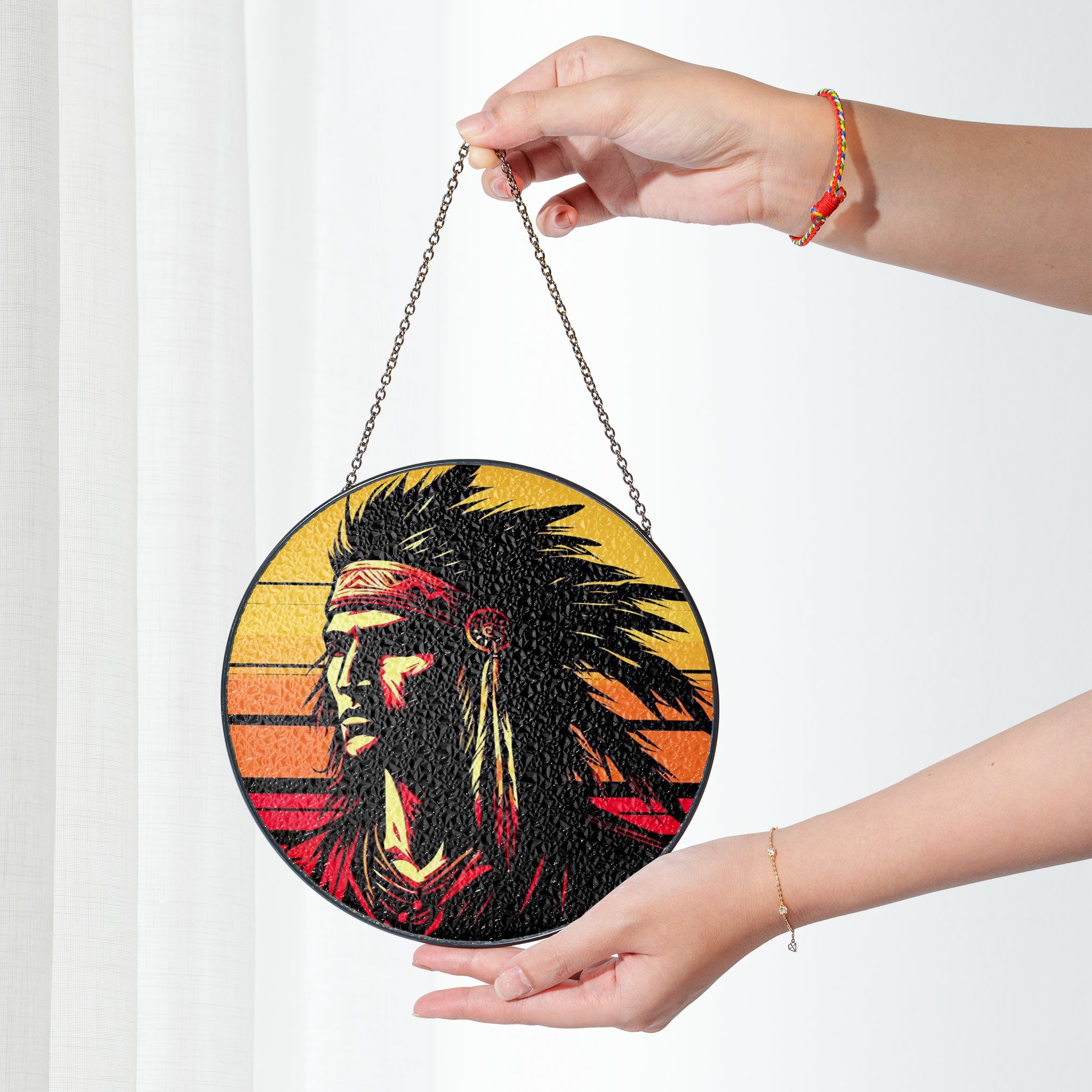 Native Chief Sunset Stained Glass SunCatcher - Radiance of Tradition