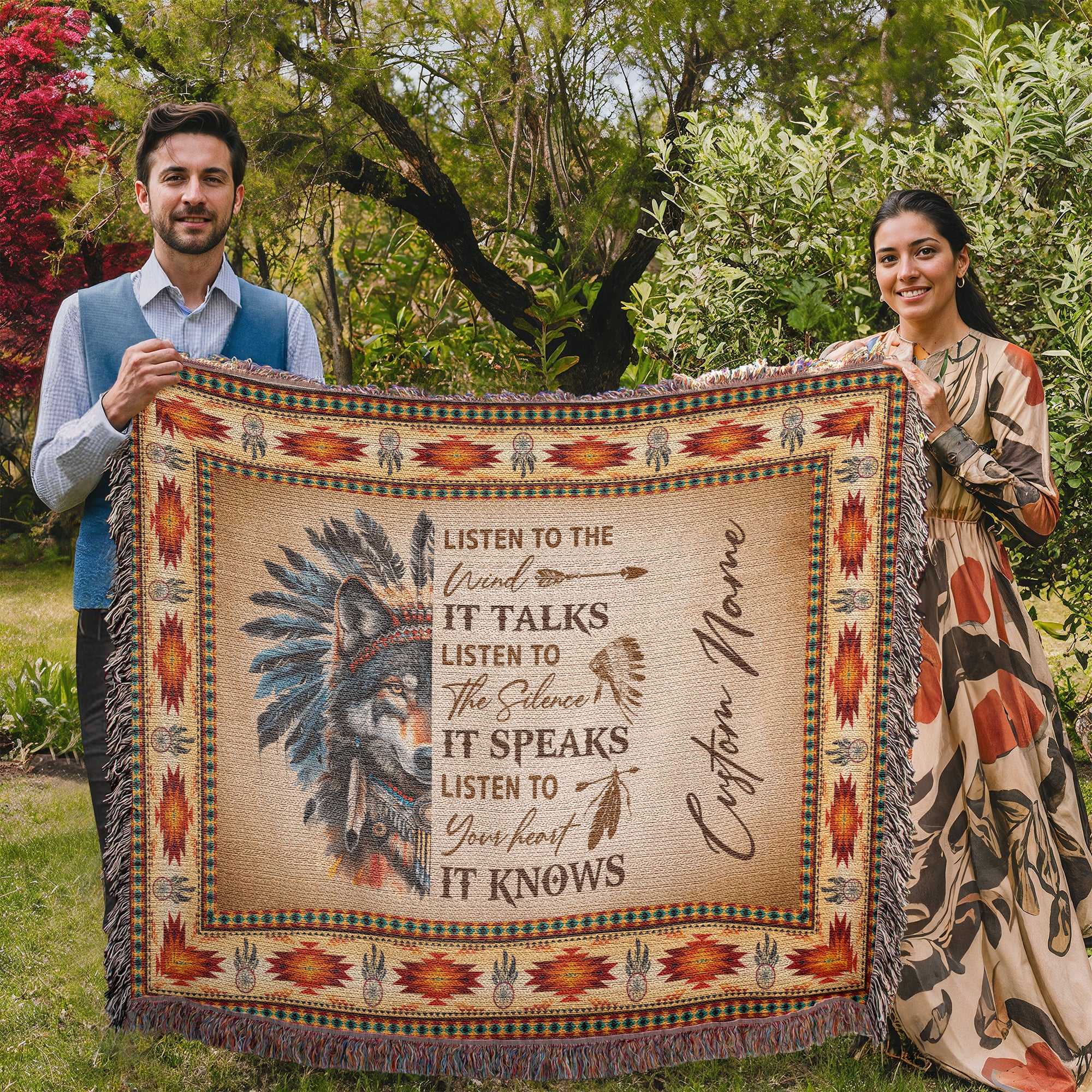 Personalized Wolf Spirit Woven Blanket - 100% Cotton Throw