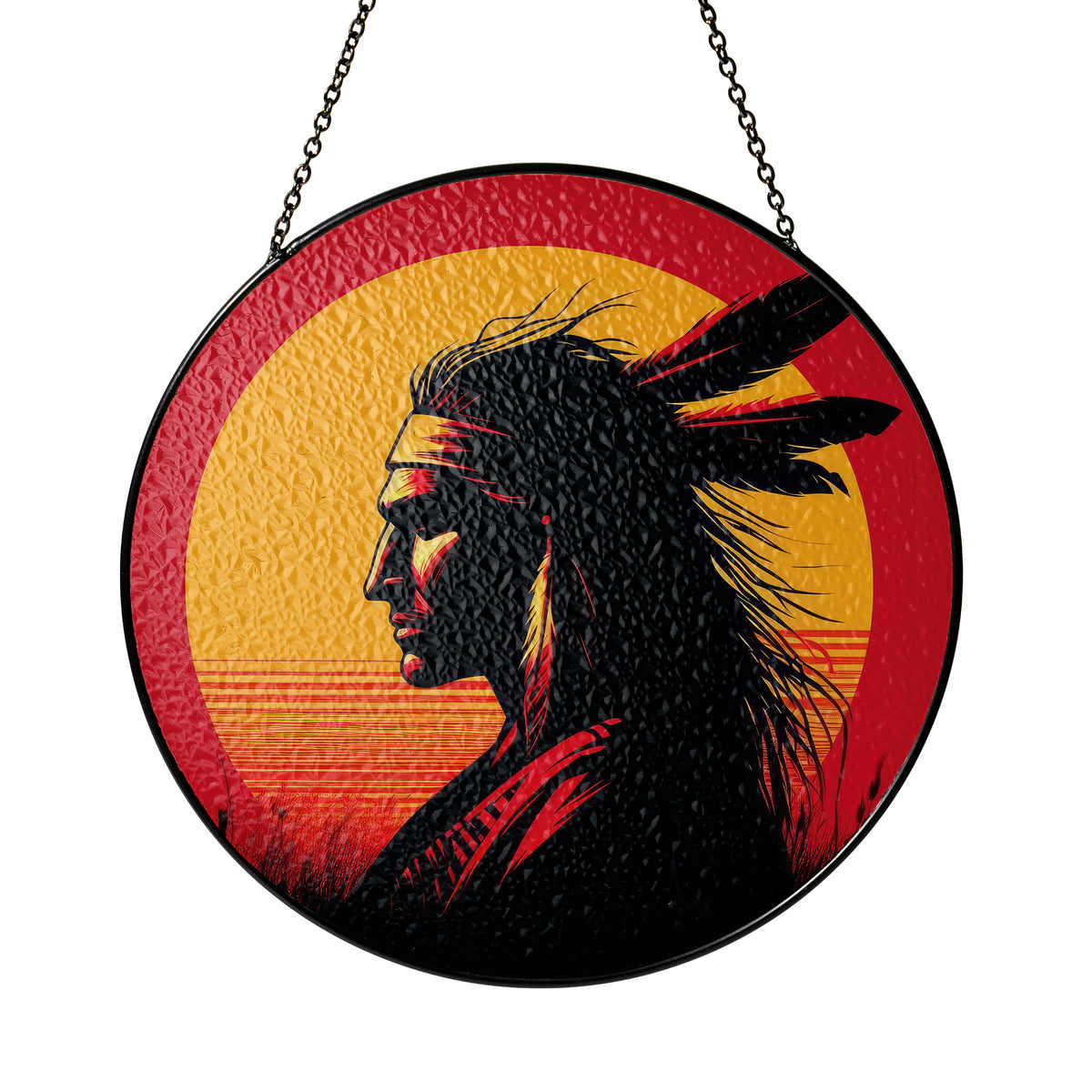 Sunset Native Warrior Stained Glass SunCatcher - Spirit of the Horizon