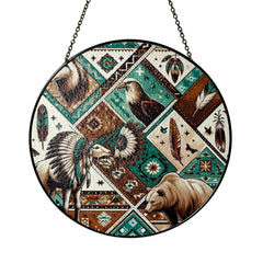 Tribal Mosaic Stained Glass SunCatcher - Symbols of Native Heritage