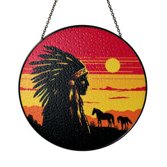 Native Chief Sunset Stained Glass SunCatcher - Spirit of the Plains