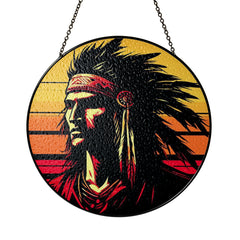 Native Chief Sunset Stained Glass SunCatcher - Radiance of Tradition