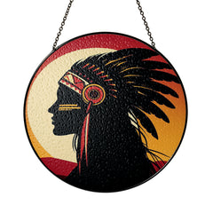 Native Chief Silhouette Stained Glass SunCatcher - Honoring Tradition