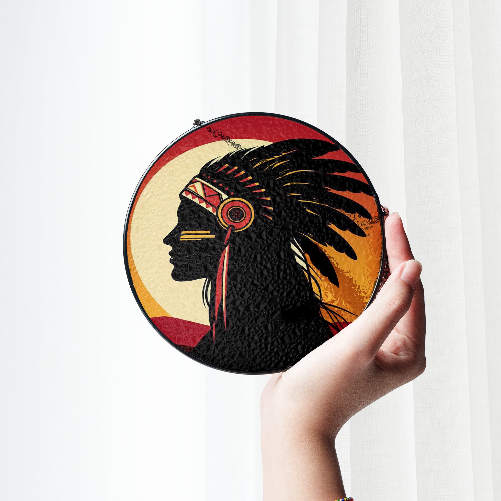 Native Chief Silhouette Stained Glass SunCatcher - Honoring Tradition