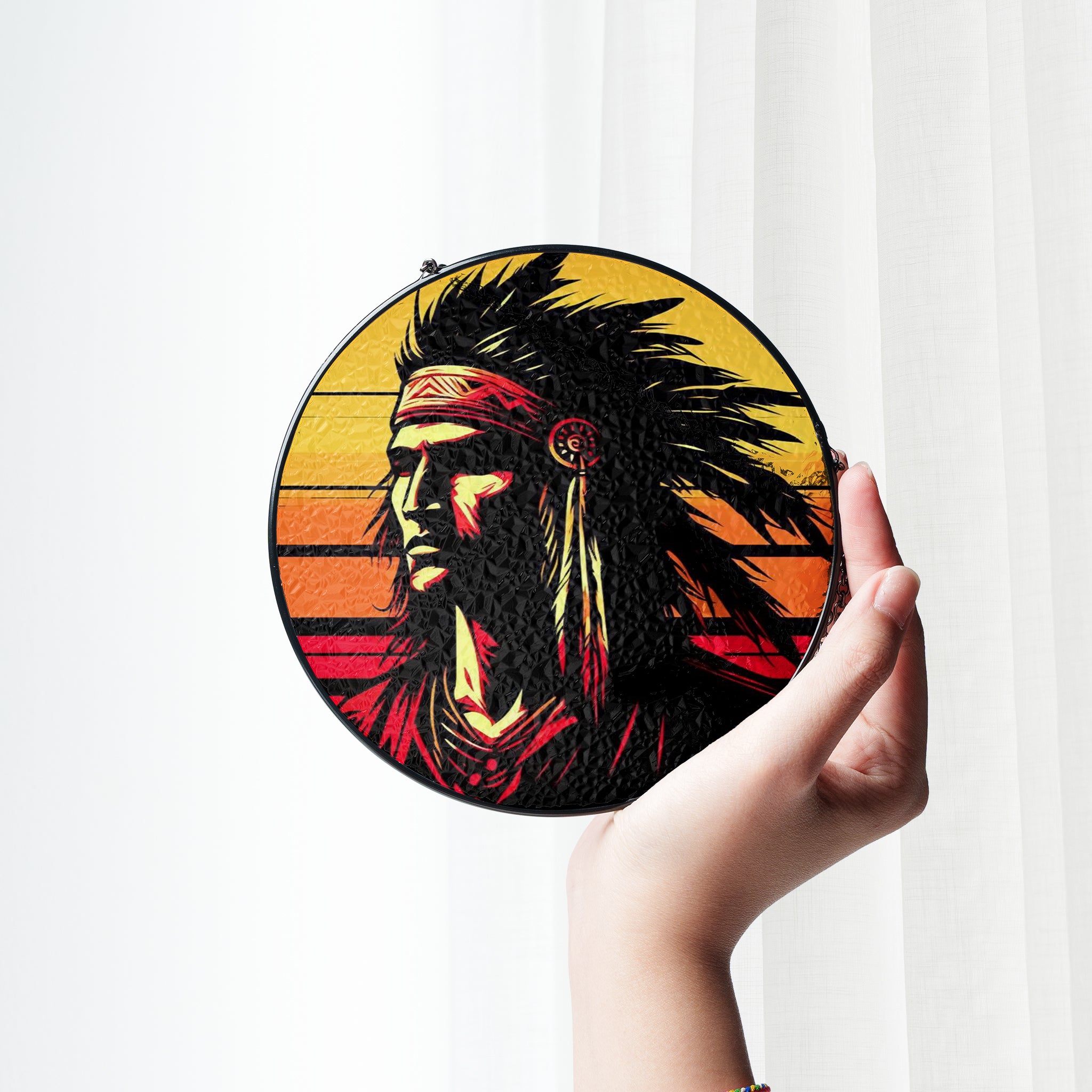 Native Chief Sunset Stained Glass SunCatcher - Radiance of Tradition