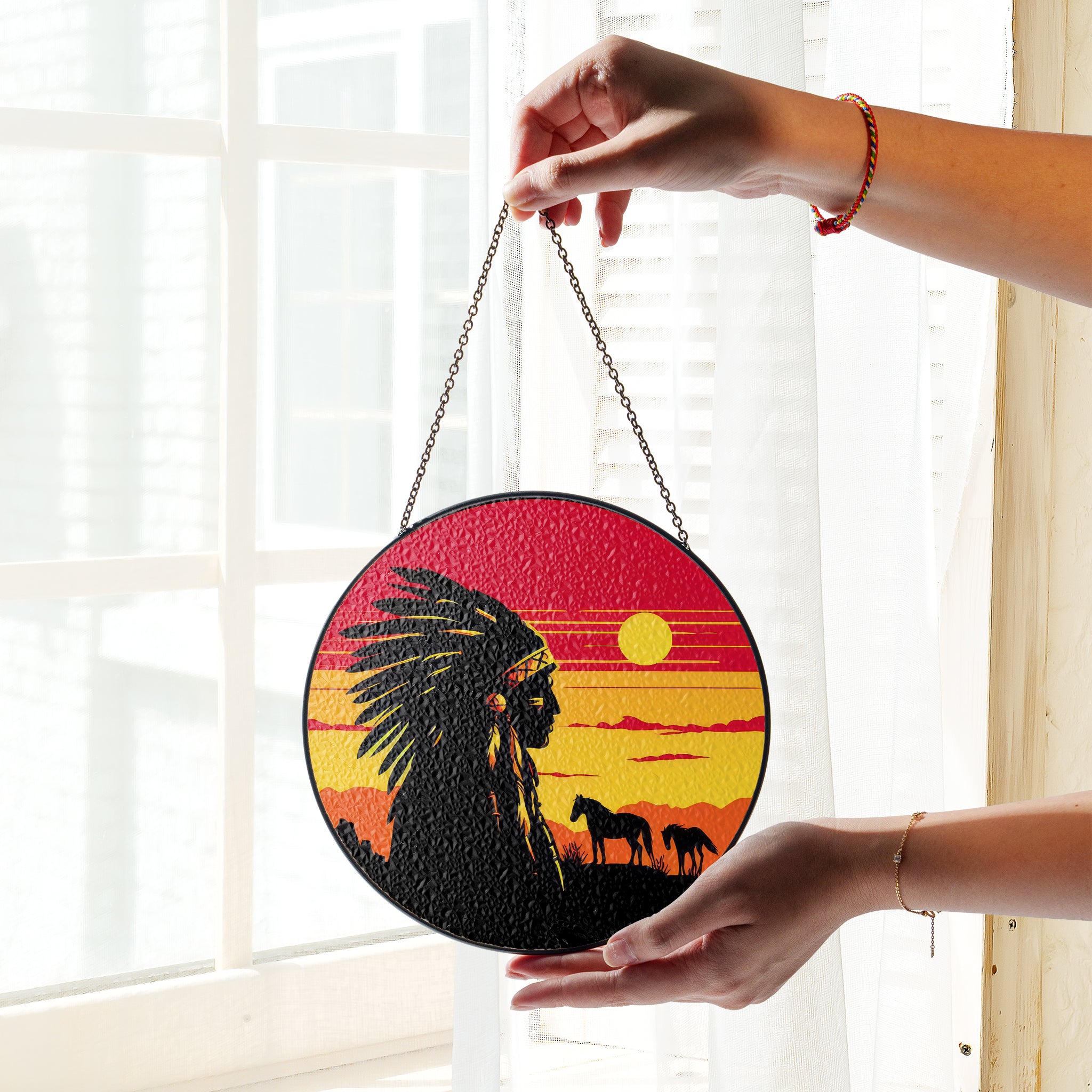 Native Chief Sunset Stained Glass SunCatcher - Spirit of the Plains