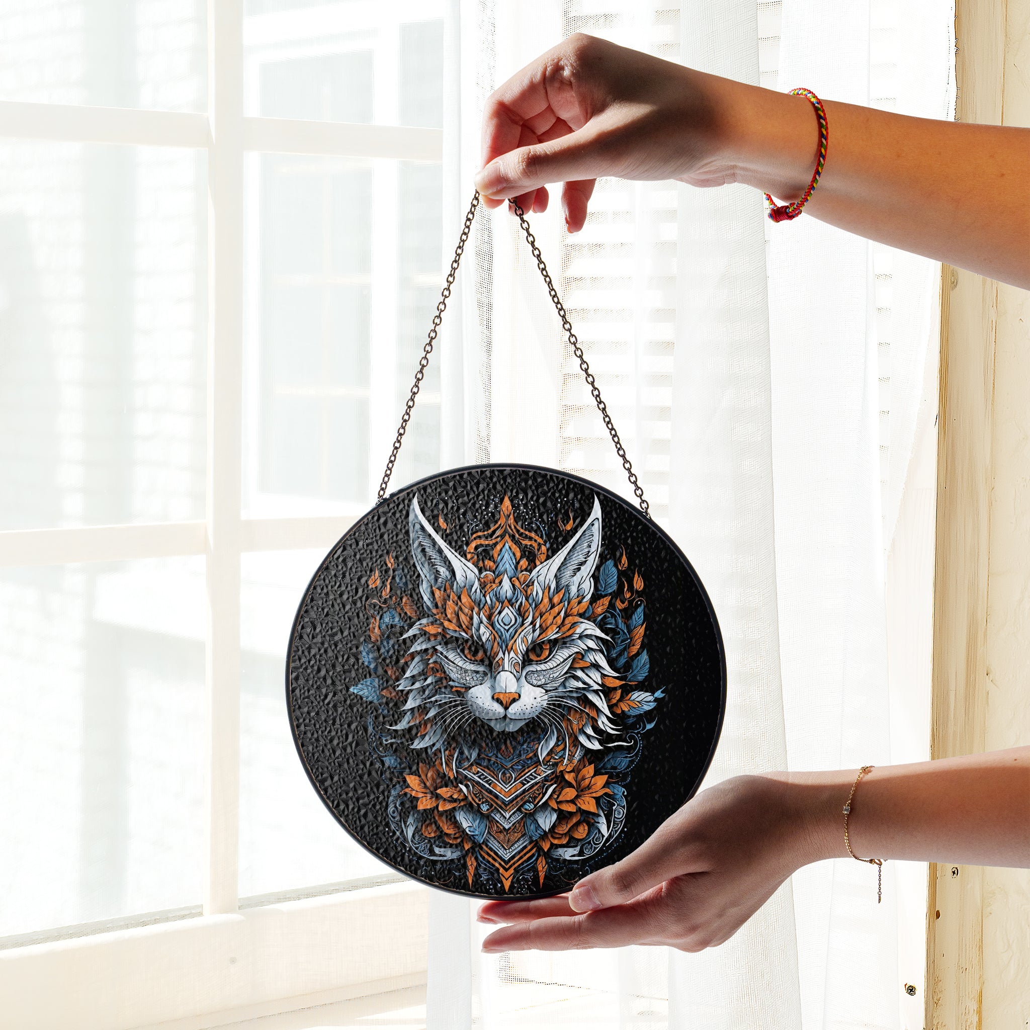 Majestic Lynx Stained Glass SunCatcher - Native American-Inspired Decor