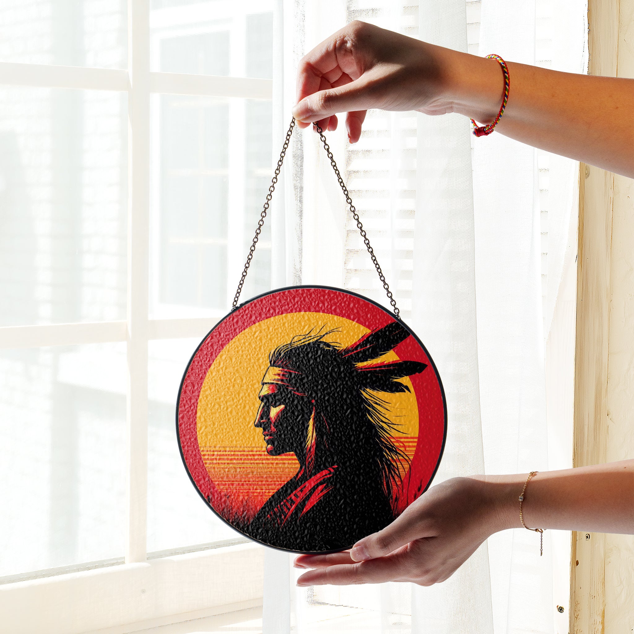 Sunset Native Warrior Stained Glass SunCatcher - Spirit of the Horizon