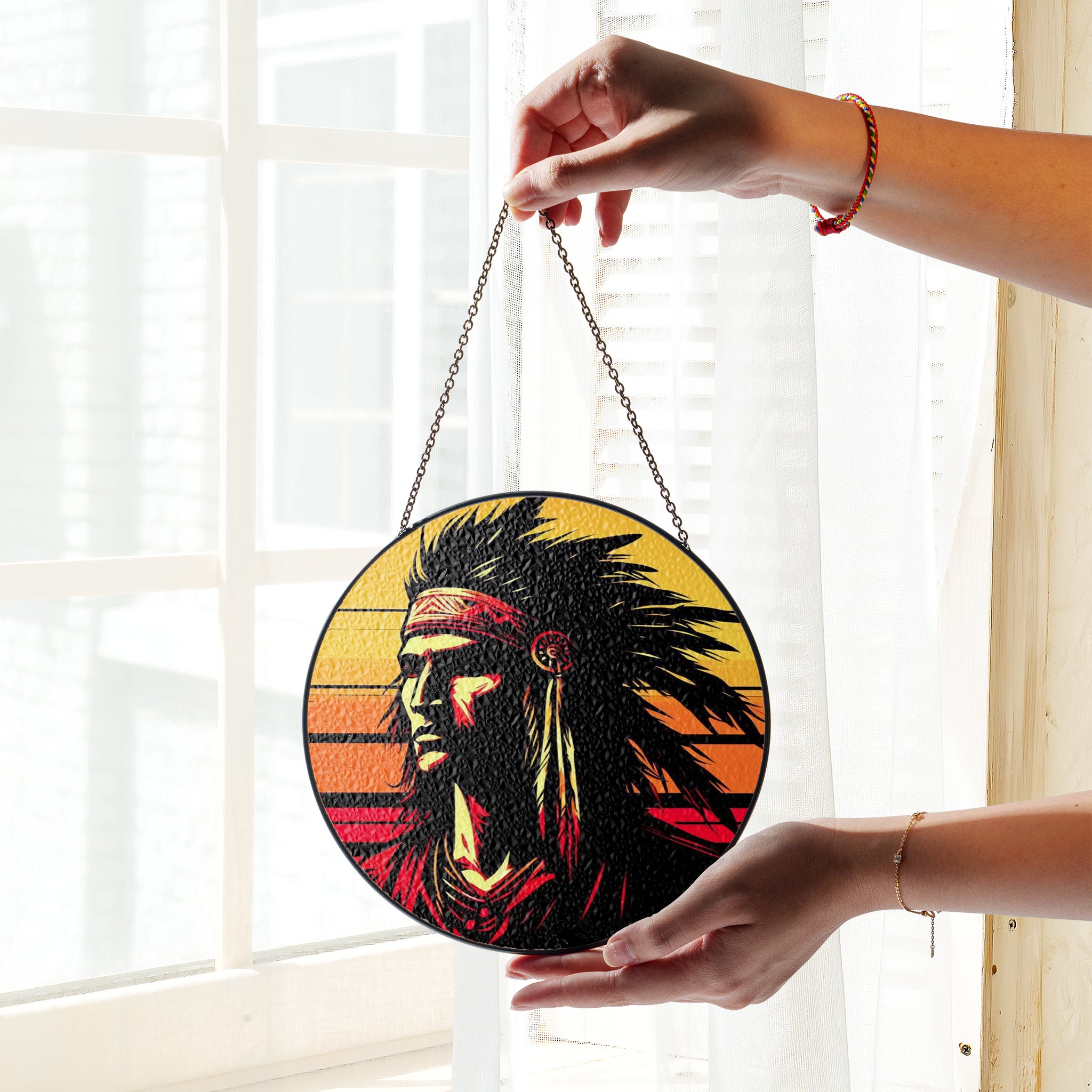 Native Chief Sunset Stained Glass SunCatcher - Radiance of Tradition